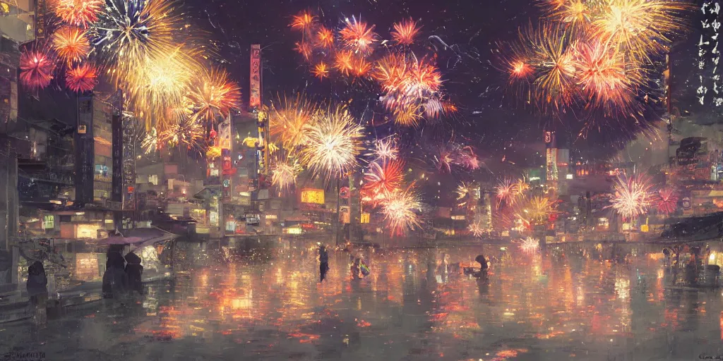 Image similar to anime kyoto animation key by greg rutkowski night, fireworks festival at kamokawa, kimono,