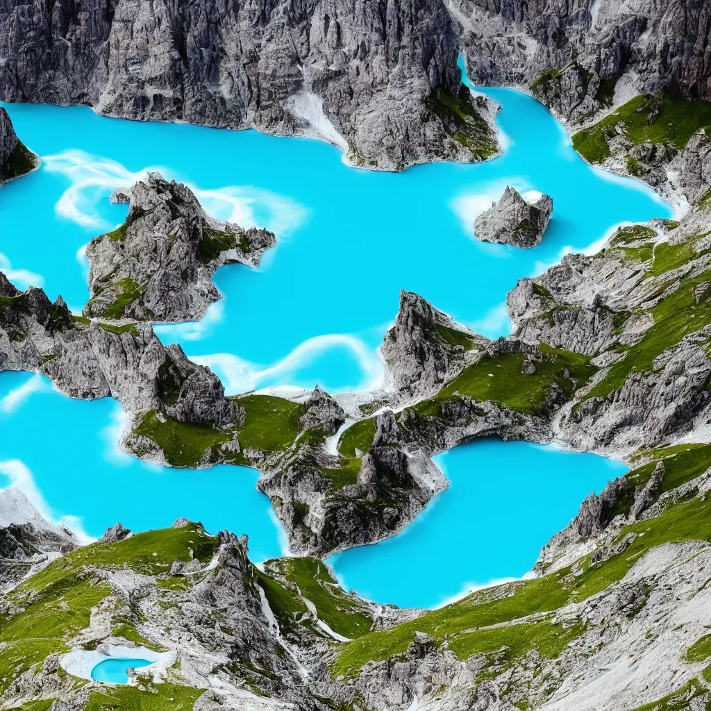 Image similar to dolomites, bright blue pools of water with swirling seafoam, patches of green fields, black volcanic rock, icy glaciers, birds eye view