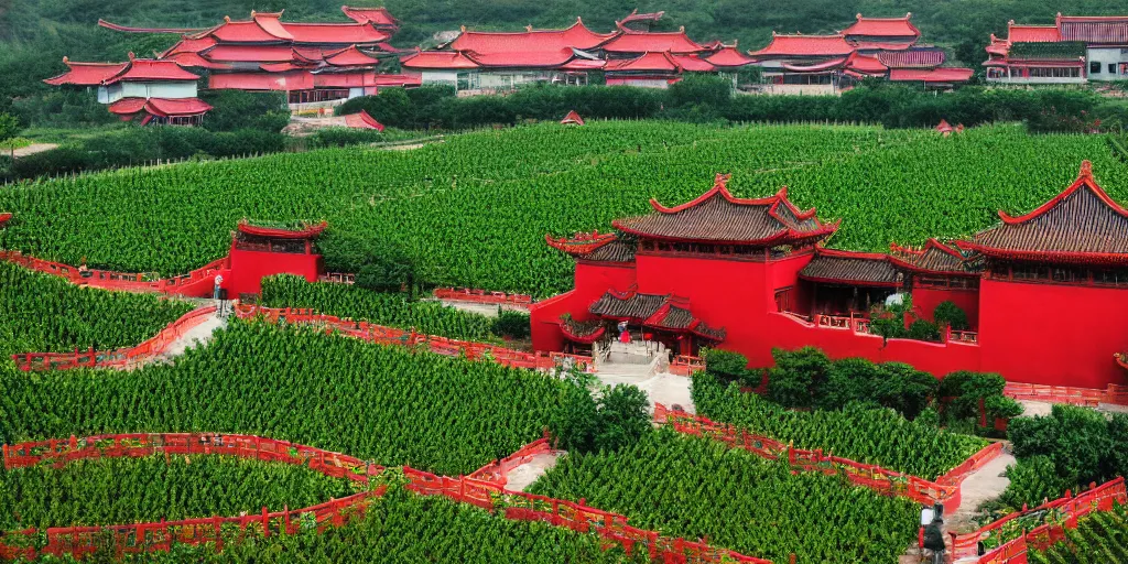 Image similar to A Chinese style winery with red walls and a green roof. The vineyards are sprawling and green, with a river winding through them. In the distance, there are mountains. by zhang zeduan, painting on silk, mi fu, immaculate scale, hyper-realistic, Unreal Engine, Octane Render, digital art, trending on Artstation, 8k, detailed, atmospheric, immaculate