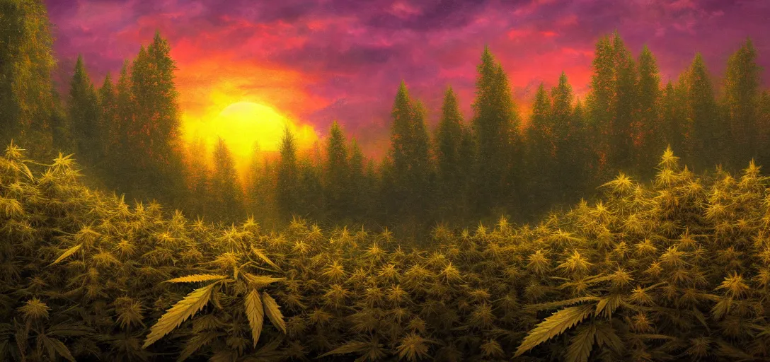 Image similar to an amazing deep painting of a marijuana world, intricate detail, sunset, idyllic, serene, volumetric lighting, 8 k, photorealistic, digital art trending on artstation