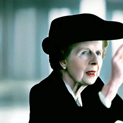 Image similar to A movie still of Margaret Thatcher in The Matrix