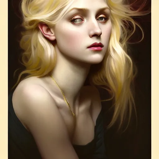 Image similar to portrait of a blonde girl surrounded by shimmering reflective, face, fantasy, intricate, elegant, dramatic lighting, highly detailed, lifelike, photorealistic, digital painting, artstation, concept art, smooth, sharp focus, illustration, art by John Collier and Krenz Cushart and Artem Demura and Alphonse Mucha and and Albert Aublet