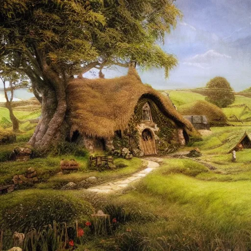 Image similar to beautiful serene hobbiton, by alan lee, lord of the rings, smooth, detailed terrain, oil painting, matte painting concept art, trending on art station