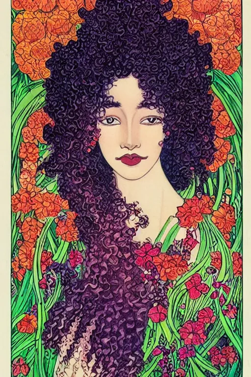 Image similar to realistic face of beautiful black woman with curly hair with red and purple flowers growing around, flower frame, detailed art by kay nielsen and walter crane, illustration style, watercolor