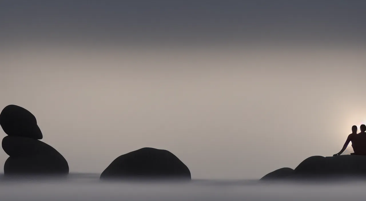 Image similar to a lonely silhouette of a meditating monk sitting in the fog on a stone protruding from the water in the rays of the morning sun, in the style of matthew snowden, 8 k resolution,