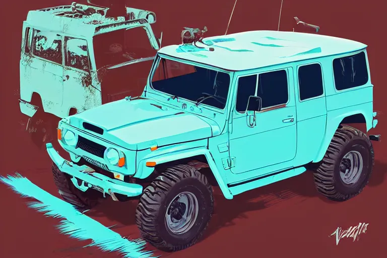 Image similar to digital illustration of a pale cyan mad max's fj 4 0 decrepit!!!! pursuit special, rusty!! nissan fj cruiser heavily modded 1 9 8 0 s, the last v 8 interceptor by makoto shinkai, ilya kuvshinov, lois van baarle, rossdraws, basquiat