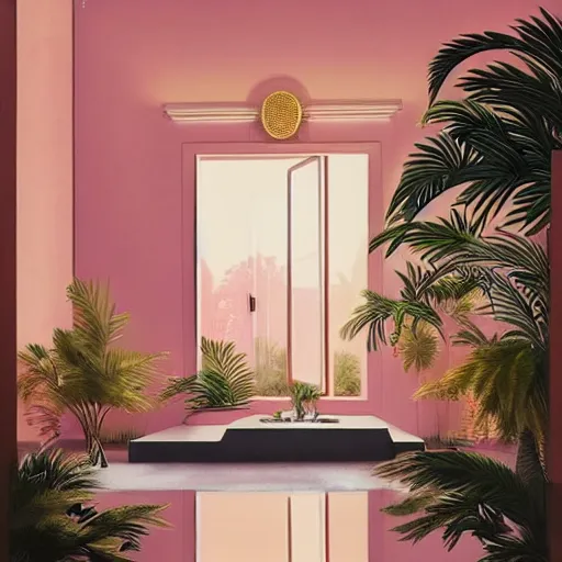 Prompt: indoor space, golden light, greg rutkowski, palm trees, pink door, minimalistic, hyperrealistic surrealism, award winning masterpiece with incredible details, epic stunning, infinity pool mirrors, a surreal vaporwave miami vice space, highly detailed, trending on artstation, artgerm and greg rutkowski and alphonse mucha, daily deviation