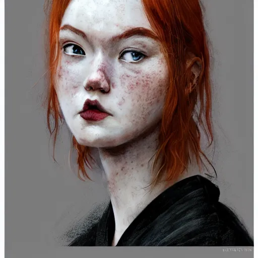 Prompt: studio portrait, a short pale ginger girl with freckles, ginger hair is middle parted, scowling, wearing a black robe, trending on art station, by wlop