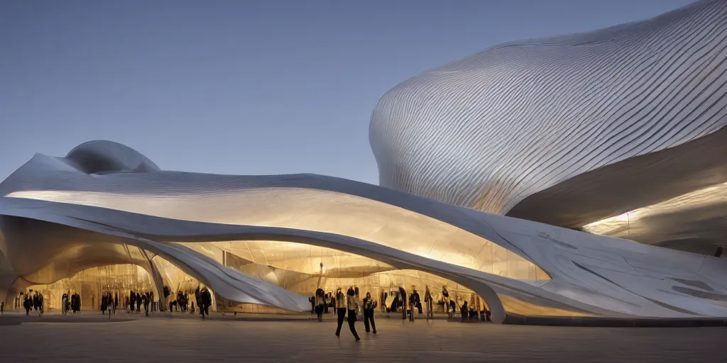 Image similar to extremely elegant smooth detailed stunning sophisticated beautiful elegant futuristic museum exterior by Zaha Hadid, smooth curvilinear design, stunning volumetric light, stainless steel, concrete, translucent material, beautiful sunset, tail lights