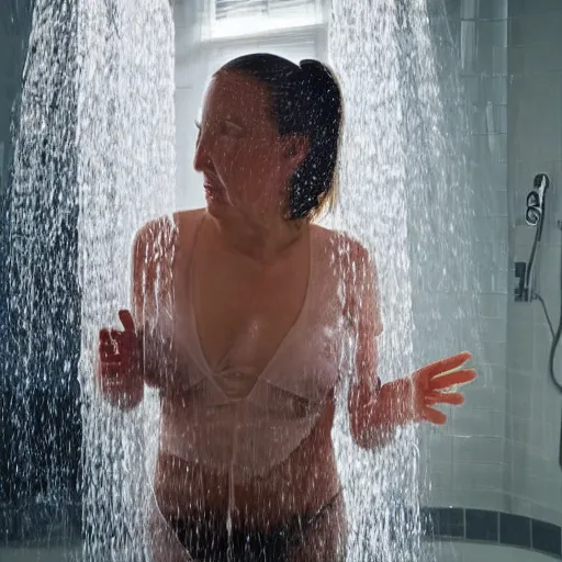 Prompt: a woman showering under laminar flow