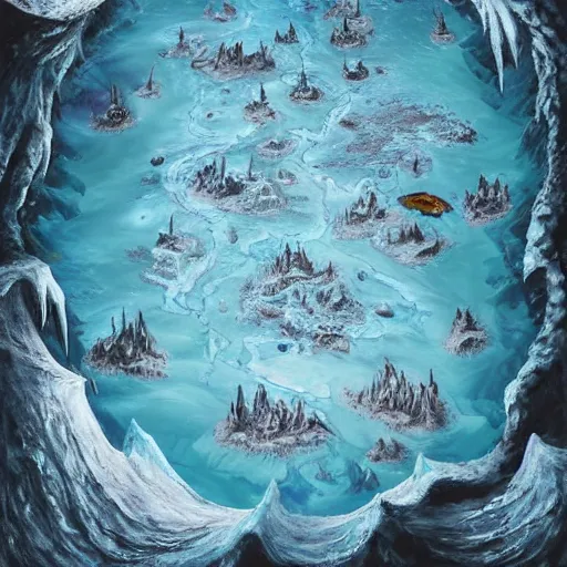 Image similar to a d & d map of a frozen lake with monsters beneath the ice, high quality digital art, gridless, vivid, blue tones, oil painting, trending on arstation, oil painting