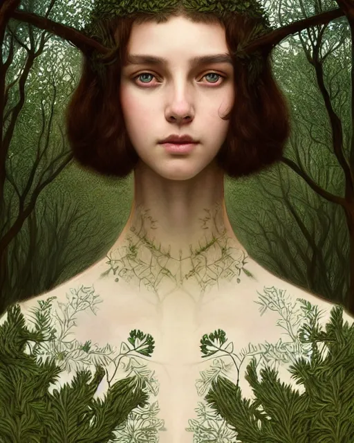 Image similar to symmetry portrait of welsh brunette student in mans tunic, embroidery, trees, tomboy, short hair, intricate forest background, intricate, elegant, highly detailed, digital painting, artstation, concept art, smooth, sharp focus, illustration, art by artgerm and greg rutkowski and fra angelico and alphons mucha