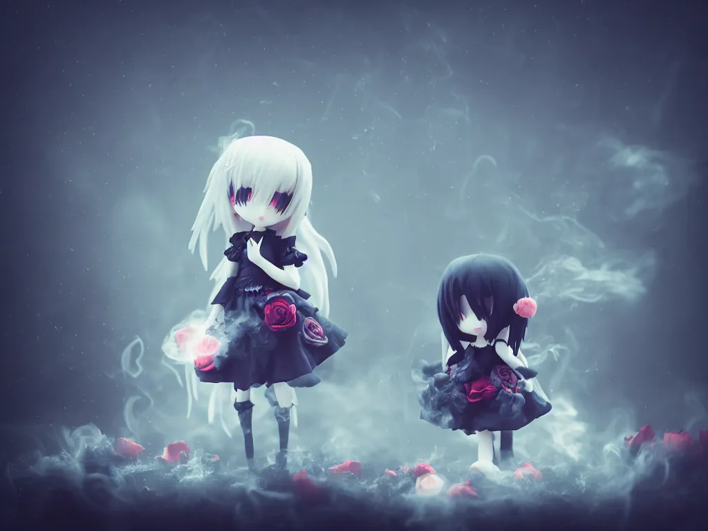 Image similar to cute fumo plush of a gothic maiden girl clutching lots of decayed roses, stale twilight, swirling vortices of emissive smoke and volumetric fog over the river, bokeh, vignette, vray