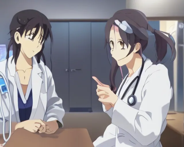 Image similar to a cute and beautiful young female doctor wearing white coat are talking with an old professor in a hospital, slice of life anime, lighting, anime scenery by Makoto shinkai