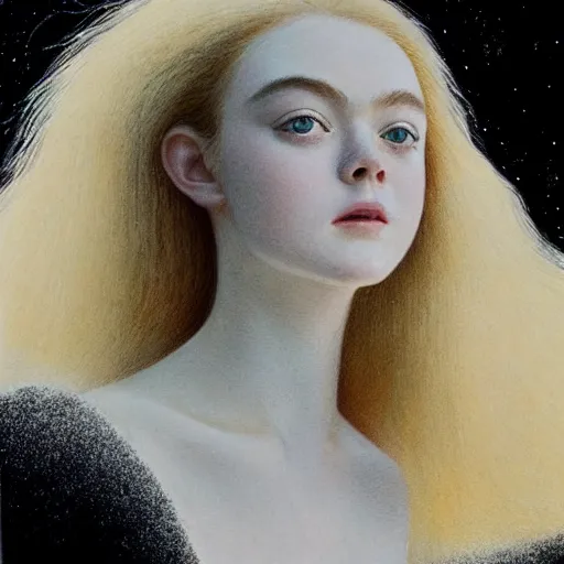 Prompt: Painting of Elle Fanning under a black sky filled with stars, long blonde hair, delicate, pale milky white porcelain skin, by Jean Giraud Moebius. 8K. Extremely detailed.