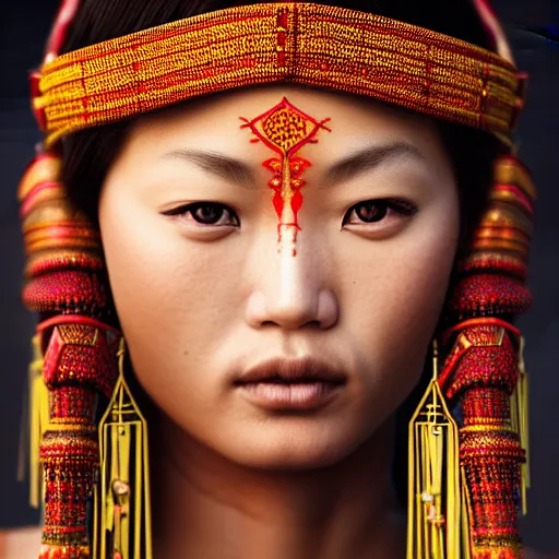 Image similar to portrait of a stunningly beautiful asian tribal female, depth of field, zeiss lens, detailed, symmetrical, centered, fashion photoshoot, by annie leibovitz and steve mccurry, david lazar, jimmy nelsson, breathtaking, 8 k resolution, extremely detailed, beautiful, establishing shot, artistic, hyperrealistic, beautiful face, octane render