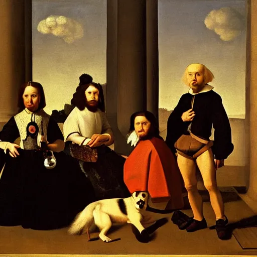 Prompt: a painting of a group of people and a dog, a flemish baroque by francisco de zurbaran, flickr, baroque, dutch golden age, flemish baroque, rococo