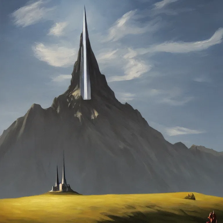 Image similar to tower of Sauron, Middle Earth, Lord of the Rings, designed by Apple, painted by Edward Hopper, painted by James Gilleard, airbrush