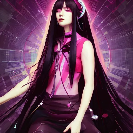 Image similar to a beautiful portrait of hatsune miku with long black and deep red colored hair and one purple colored cyborg eye, dressed a netrunner from shadowrun, intricate, elegant, highly detailed, digital painting, artstation, concept art, matte, sharp focus, illustration, art by greg rutkowski and alphonse mucha