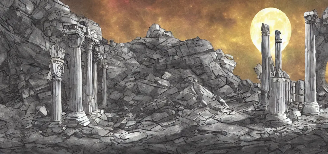 Image similar to The fall of the Silver Millennium from Sailor Moon, digital painting, Greek-esque columns and ruins on the moon