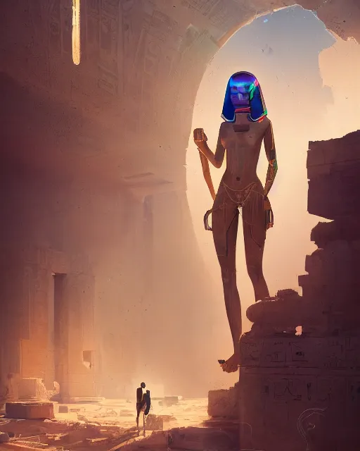 Prompt: android girl in egyptian ruins, ultra realistic, lens flare, atmosphere, glow, detailed, intricate, full of colour, cinematic lighting, trending on artstation, 4 k, hyperrealistic, focused, extreme details, cinematic, masterpiece, by ismail inceoglu