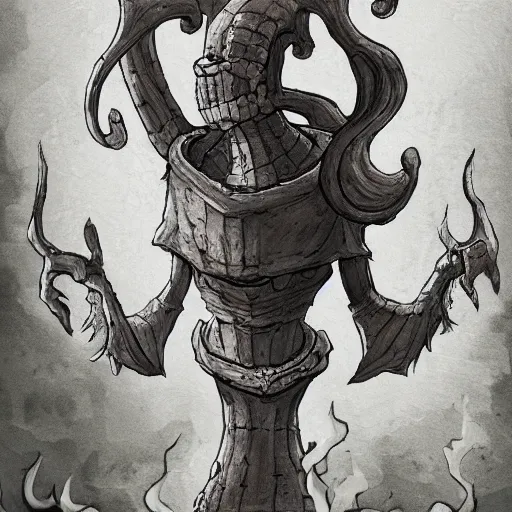 Image similar to squidward as a dark souls boss art by Bernard Krigstein's