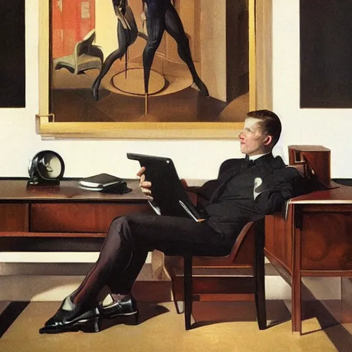 Image similar to man in futurist room, desk with coffee and black suit by leyendecker and dean cornwell, 8 feet from the camera, futuristic furniture