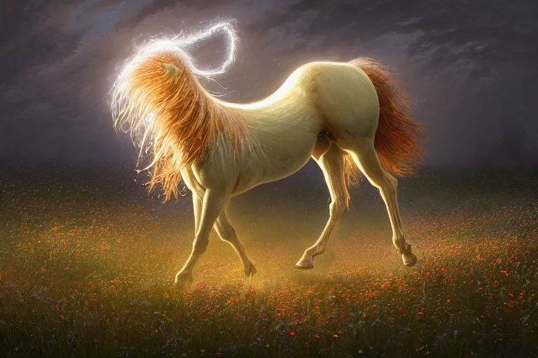 Image similar to a stunning digital painting of a horse made of instricately engraved gnarled wood with a mane of bioluminescent flowers running through a field of flowers by greg rutkowski, flowercore, volumetric light, digital art, fine detail, photorealistic