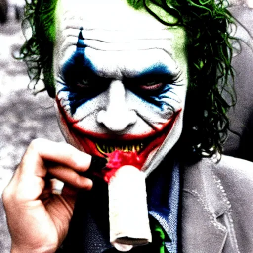 Prompt: photograph of the joker smoking a joint at woodstock, close - up shot, circa 1 9 6 9