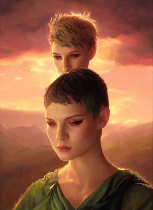 Prompt: girl with rainbow hair, pixie haircut, beautiful highly detailed face, complementary lighting, backlit, black eyeshadow, lipstick, divine, dramatic lighting, landscape background, beautiful painting by artgerm and greg rutkowski and raymond swanland