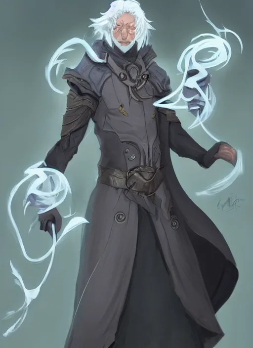 Prompt: dnd character concept of a man eith ash gray skin and long white hair, Eldridge green eyes and energy, Lich demon mage class