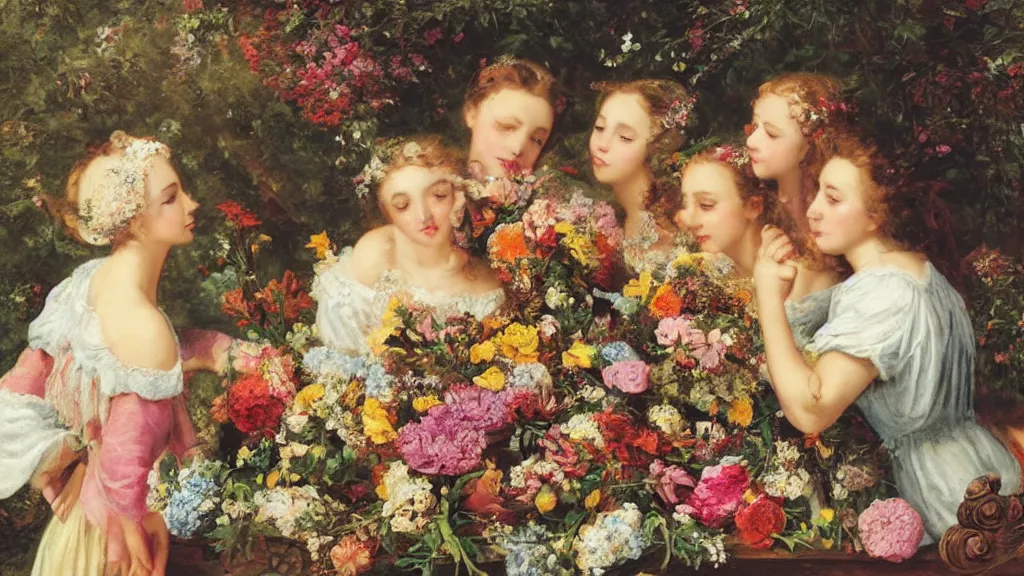 Prompt: A young guy's head is lying in a beautiful bouquet of flowers on a table, and his sisters are looking on, ancient fairy tale style