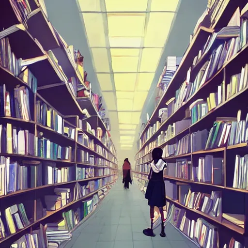 Prompt: At the end of the world, a high school girl browsing in a bookstore, Makoto Shinkai style