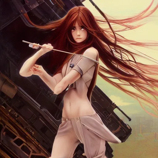 Image similar to esper girl fights soldier, anime style, long hair, hair down, symmetrical facial features, akira, modern clothes, hyper realistic, pale skin, 4k, rule of thirds, extreme detail, detailed drawing, trending artstation, hd, scifi, D&D, realistic lighting, by Alphonse Mucha, Greg Rutkowski, sharp focus, backlit