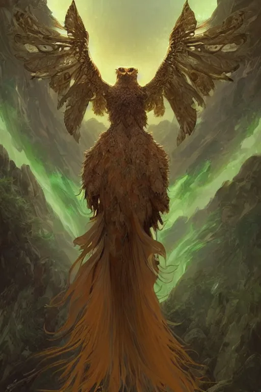 Prompt: a beautiful upper body shot from a fantasy film of a humanoid iridescent green owlbear wearing a loose tunic. an anthropomorphic phoenix. fantasy, frown, intricate, elegant, highly detailed, digital painting, artstation, concept art, matte, sharp focus, illustration, art by artgerm and greg rutkowski and alphonse mucha