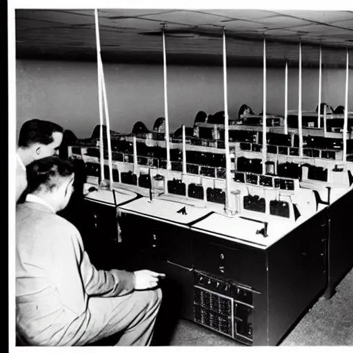 Image similar to computer scientists in a secret government lab 1 9 4 8 developing the first supercomputer