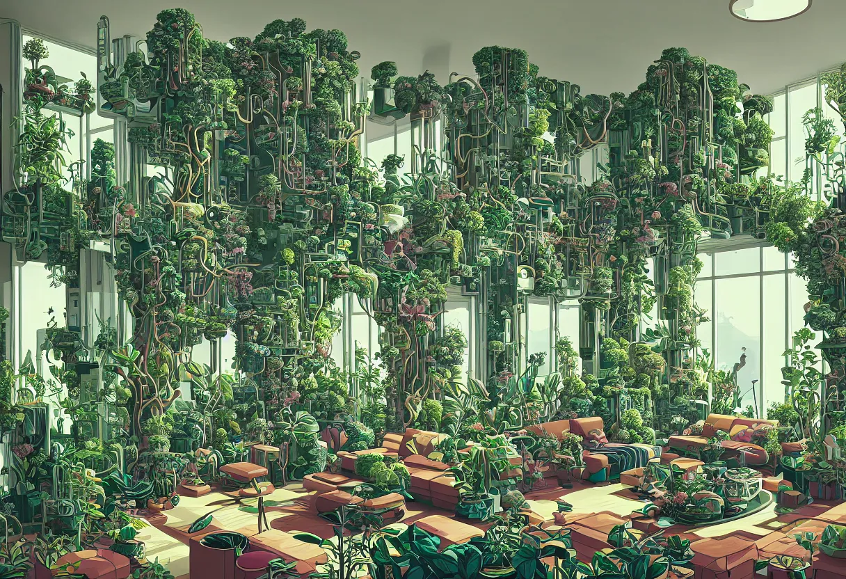 Image similar to luxury living room full of plants and trees by josan gonzalez