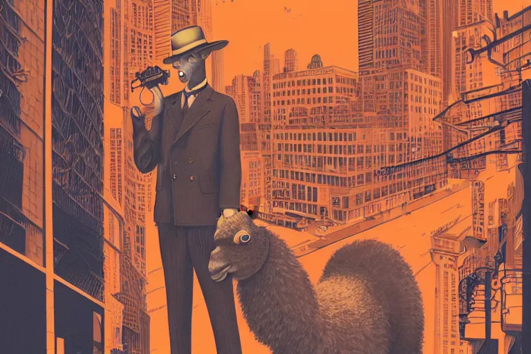 Image similar to an orange llama wearing a 1 9 4 0's noire detective outfit, standing in the streets of chicago at night looking at a crime scene, crime scene photography by moebius, junji ito, tristan eaton, victo ngai, artgerm, rhads, ross draws, hyperrealism, intricate detailed, risograph, optical illusion