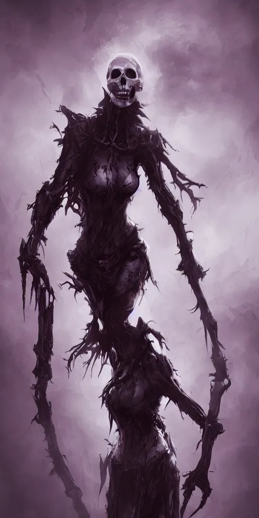 Image similar to female wraith, undead, dynamic pose, skull, terrifying, dark, fog, artstation