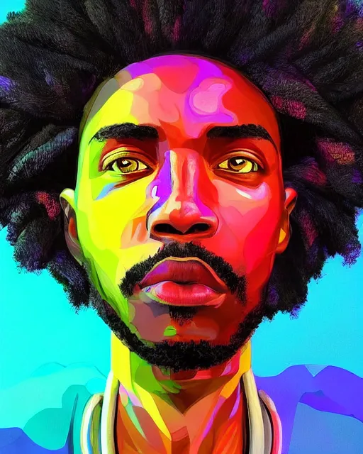 Image similar to colorful portrait of a black male hippie with cybernetics and a natural hair style, but set in the future 2 1 5 0 | highly detailed | very intricate | symmetrical | professional model | cinematic lighting | award - winning | painted by mandy jurgens | pan futurism, dystopian, bold psychedelic colors, cyberpunk, anime aesthestic | featured on artstation