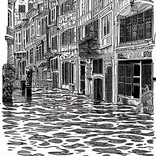 Prompt: water flowing through the streets in old city, sideview, colourful drawing by moebius