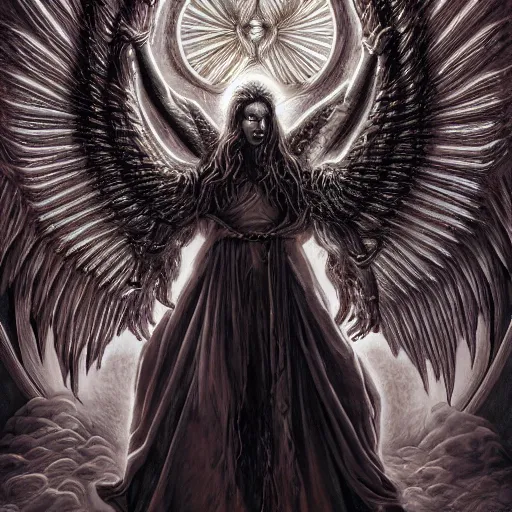 Prompt: photorealistic biblically accurate demonic archangel the style of michael whelan, alex grey, and gustave dore. hyperdetailed photorealism, 1 0 8 megapixels, amazing depth, glowing rich colors, powerful imagery, psychedelic overtones, 3 d finalrender, 3 d shading, cinematic lighting, artstation concept art