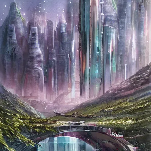 Image similar to Beautiful futuristic sci-fi city in harmony with nature. Nice colour scheme, soft warm colour. Beautiful detailed watercolor by Lurid. (2022)