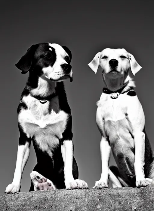 Prompt: two dogs black and white portrait white sky in background