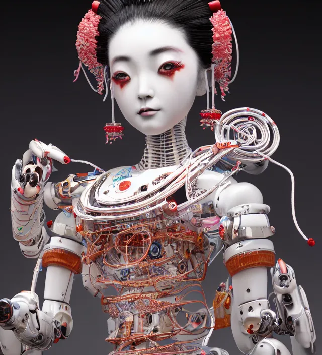 Prompt: portrait of a beautiful japanese robotic geisha with wires and actuators and kanji tattoos and decals, dramatic lighting, hyper - realistic, ultra - realistic, intricate details, japanese model, 8 k ultra high definition, octane render