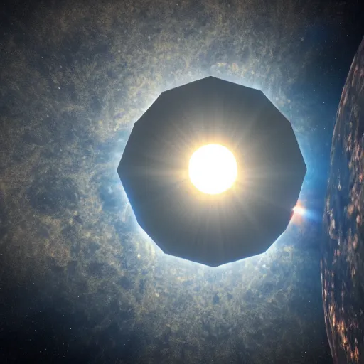 Prompt: hexagon sun shield floating in space, unreal engine, digital art, solar eclipse, seen from earth