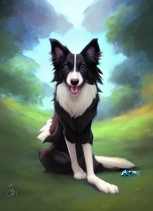 Prompt: wide angle beautiful full body portrait of a cute male anthropomorphic border collie fursona wearing a t - shirt and posing in front of a park, character design by charlie bowater, henry asencio, and ross tran, furry art, furaffinity, scenic background, beautiful, glamor pose, detailed, aesthetic, trending on artstation