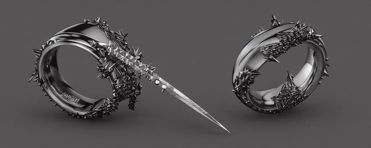 Image similar to tungsten ring with spikes, ring, steel, sword, crystals, smooth shank, engravings, product design, jewelry, art by gerald brom, greg rutkowski and artgerm and james jean and zdzisław beksinski, 8 k, unreal engine, c 4 d