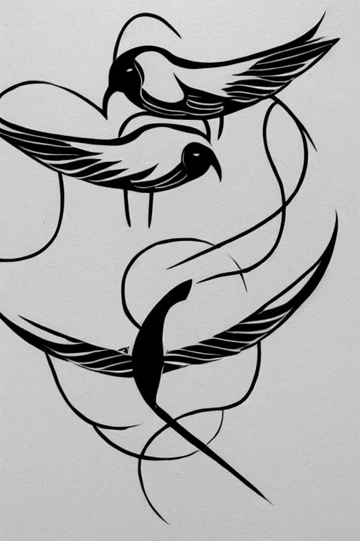 Image similar to a simple artistic tattoo design of minimalist flying birds, black ink, abstract geometric logo, line art