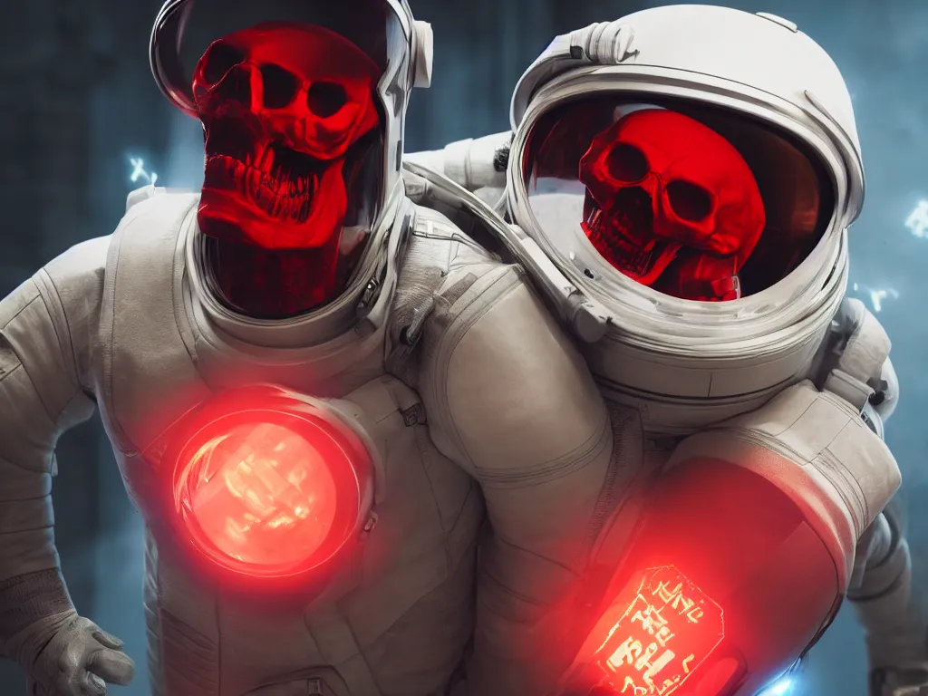 Prompt: angry ornate red skull in astronaut suit, gold linens, cinematic lighting, dramatic, octane render, long lens, shallow depth of field, bokeh, anamorphic lens flare, 8k, hyper detailed